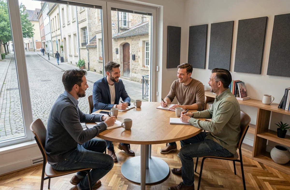 Groupe de professionnels en réunion collaborative dans un espace de coworking moderne à Saumur