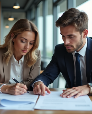 Conditions générales d’un contrat : tout ce qu’il faut savoir pour les rédiger efficacement Femme et jeune homme discutant de contrats au bureau