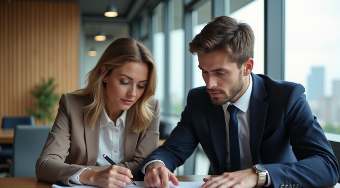 Femme et jeune homme discutant de contrats au bureau