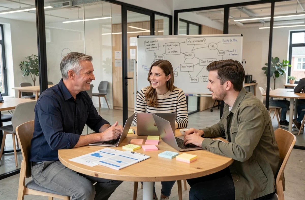Réunion collaborative entre professionnels dans une salle de coworking à Pau