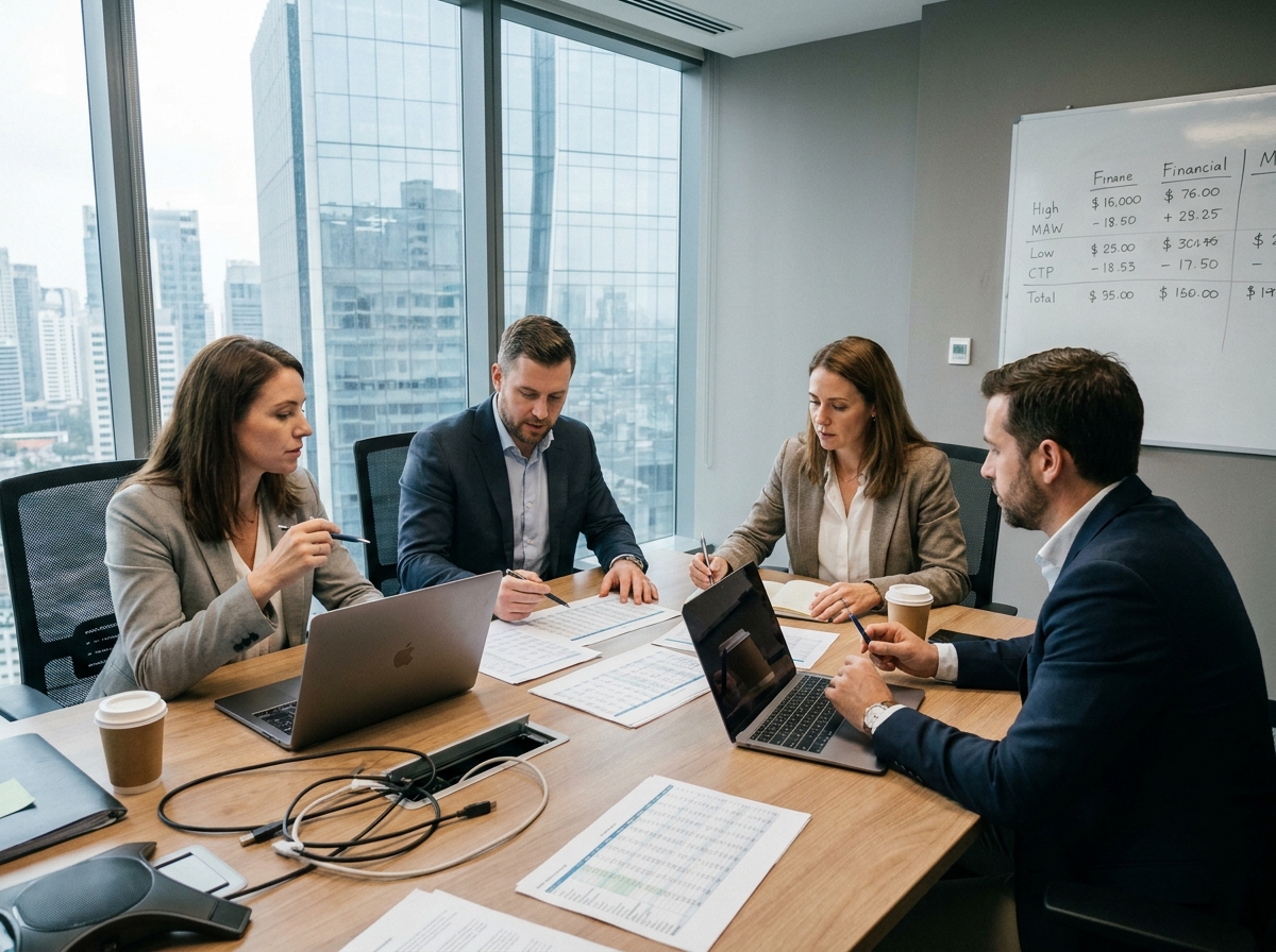 Équipe de professionnels en réunion d'entreprise analysant un budget de séminaire à l'étranger avec des feuilles de calcul et des ordinateurs portables sur la table