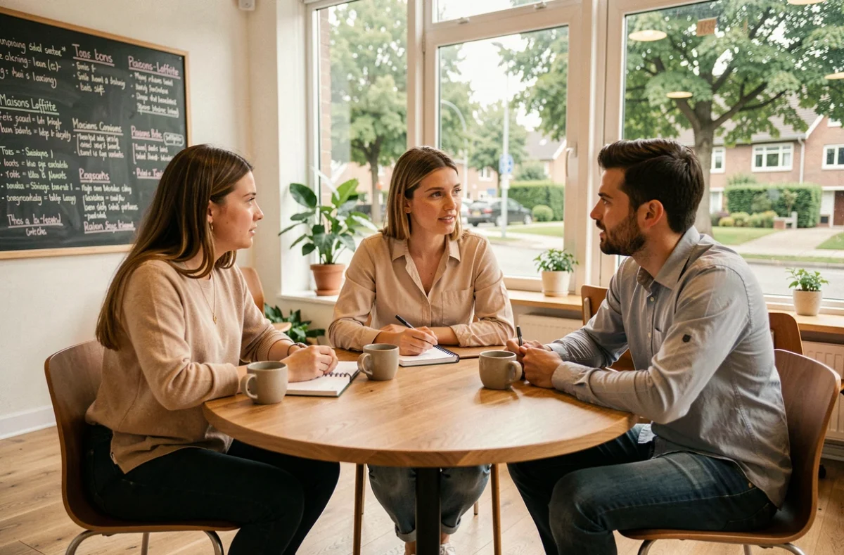 Équipe de professionnels en réunion informelle dans un espace de coworking convivial à Maisons-Laffitte