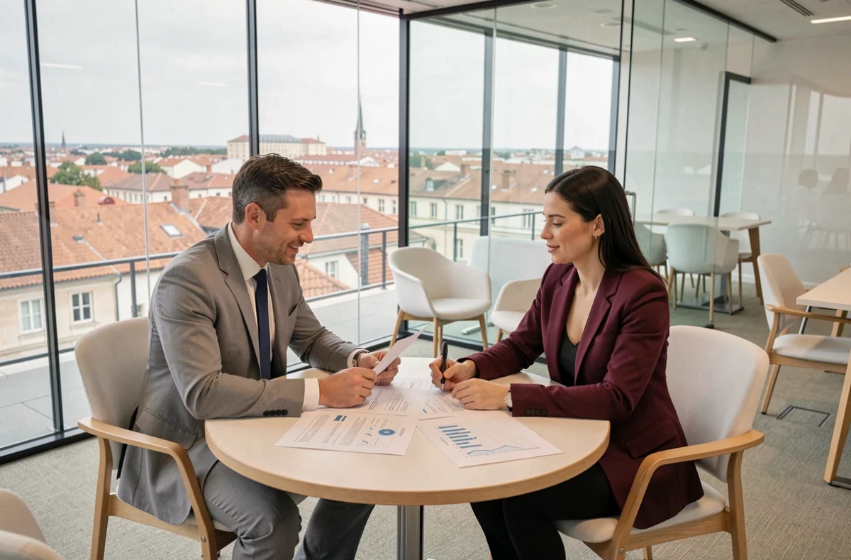 Réunion entre un indépendant et un consultant en portage salarial dans un centre d'affaires à Toulouse
