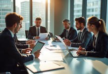 Groupe de professionnels en réunion autour d'une table moderne
