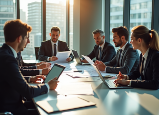 Groupe de professionnels en réunion autour d'une table moderne
