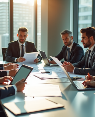 Groupe de professionnels en réunion autour d'une table moderne