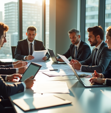 Groupe de professionnels en réunion autour d'une table moderne
