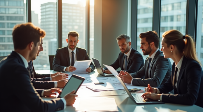 Groupe de professionnels en réunion autour d'une table moderne