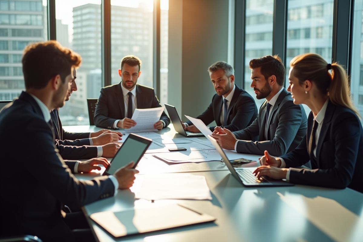 Groupe de professionnels en réunion autour d'une table moderne