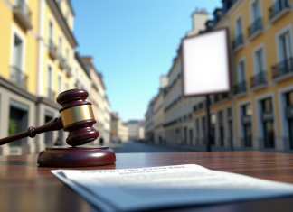 Rue d'une ville française avec affiche publicitaire et document juridique