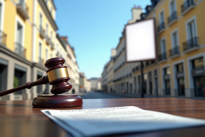 Rue d'une ville française avec affiche publicitaire et document juridique