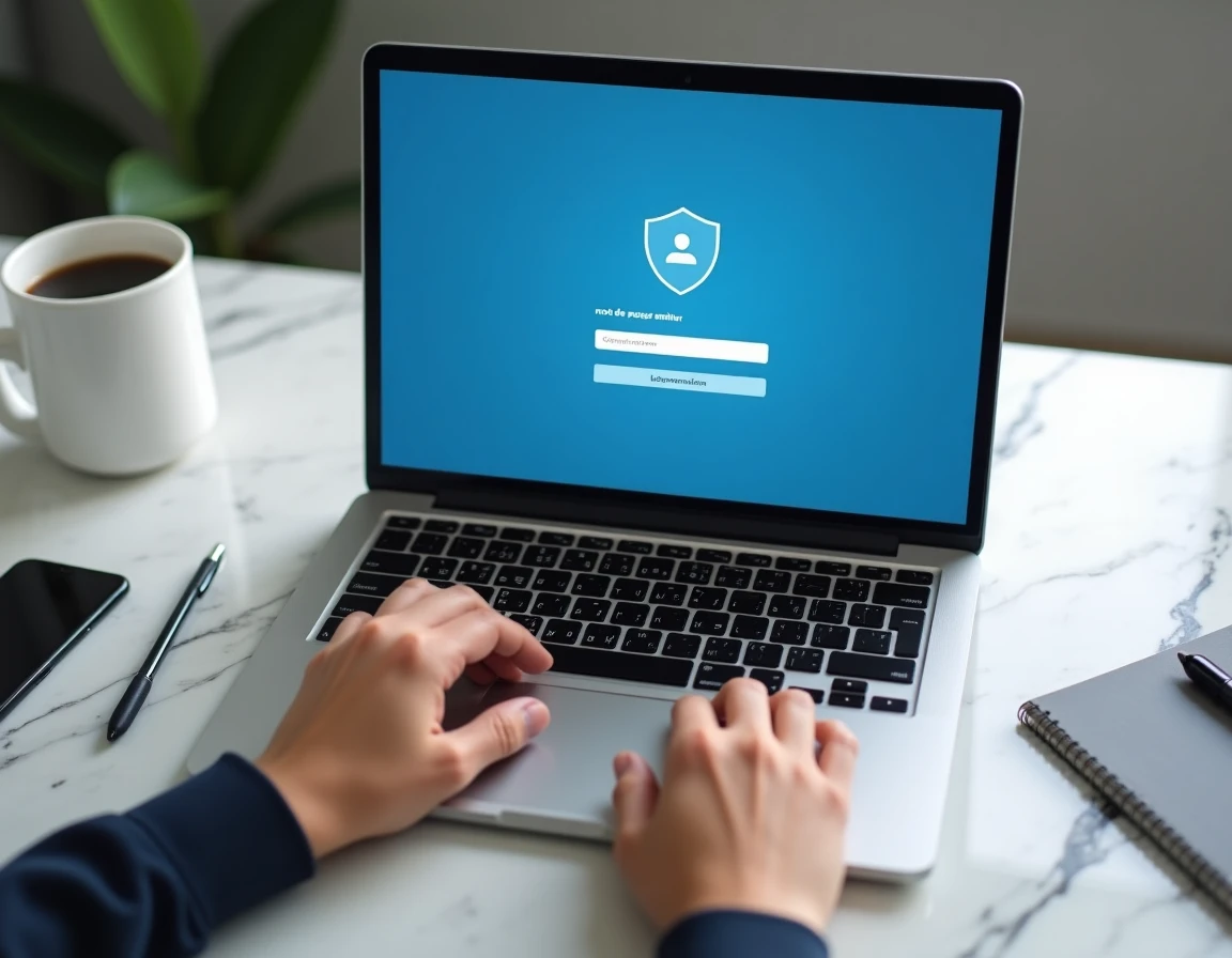 Vue en plongée de mains tapant un mot de passe oublié sur un clavier d'ordinateur portable avec téléphone et carnet