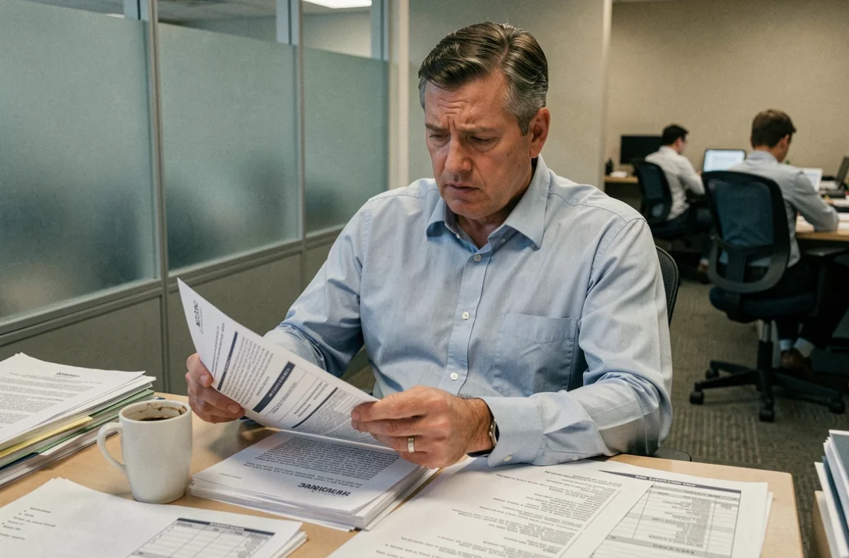 Salarié en CDI stressé examinant des documents liés au Contrat de Sécurisation Professionnelle à son bureau