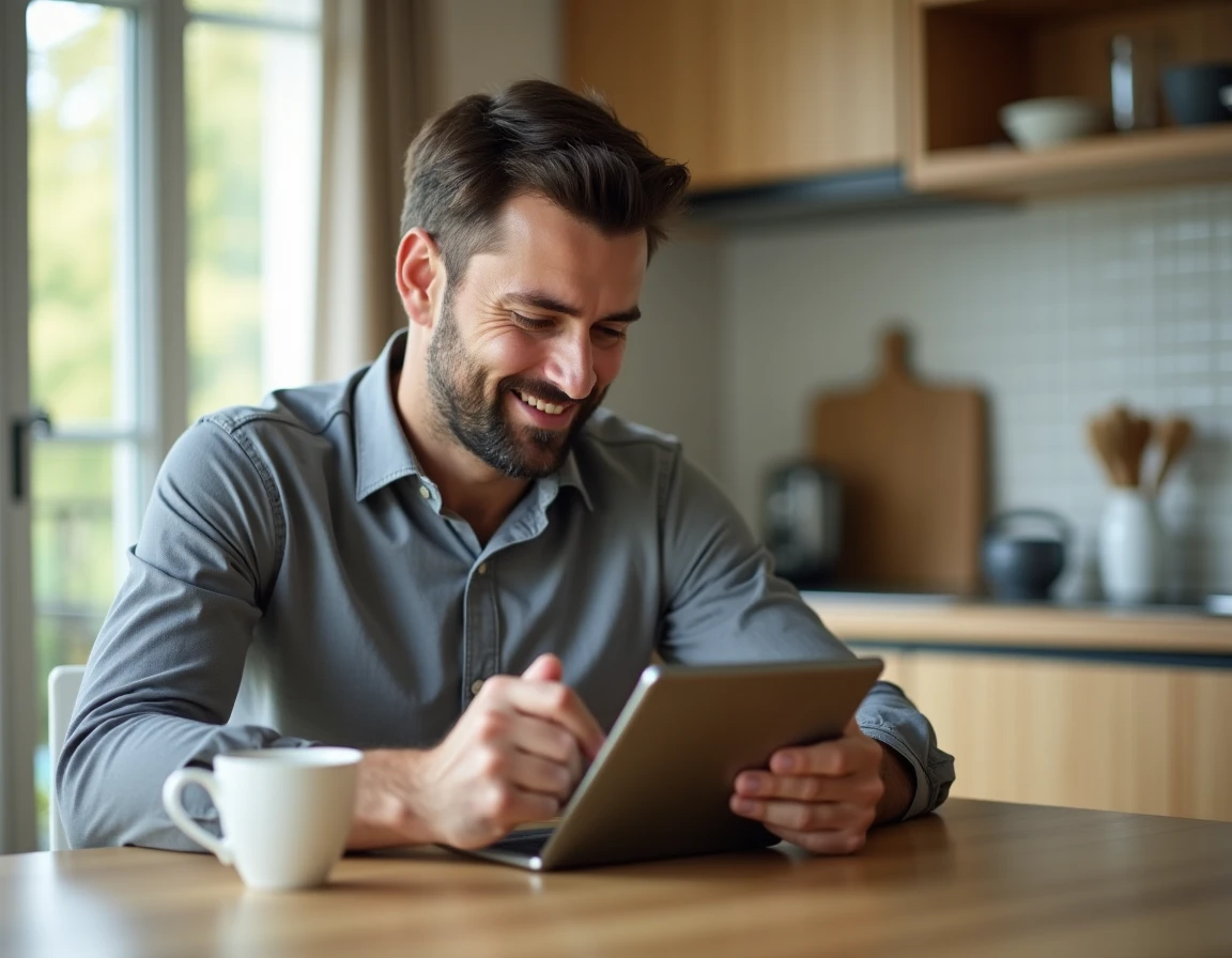 Un salarié consulte ses fiches de paie sur une tablette depuis son domicile via le portail RH Ma Box RH