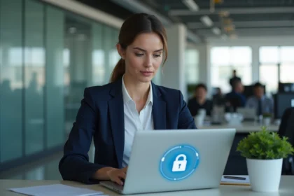 Salariée consultant son coffre numérique Arkevia sur un ordinateur portable dans un bureau d'entreprise moderne