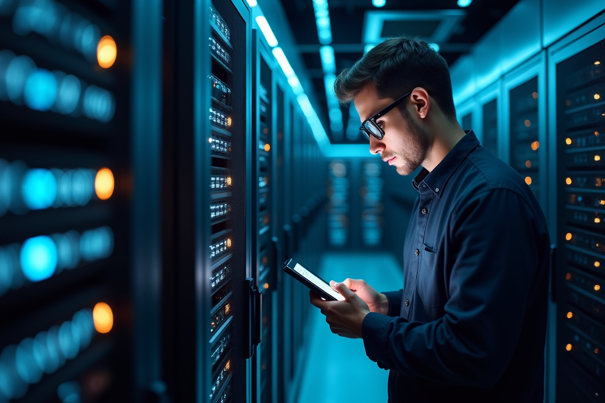 Salle serveur avec câbles réseau et technicien utilisant une tablette