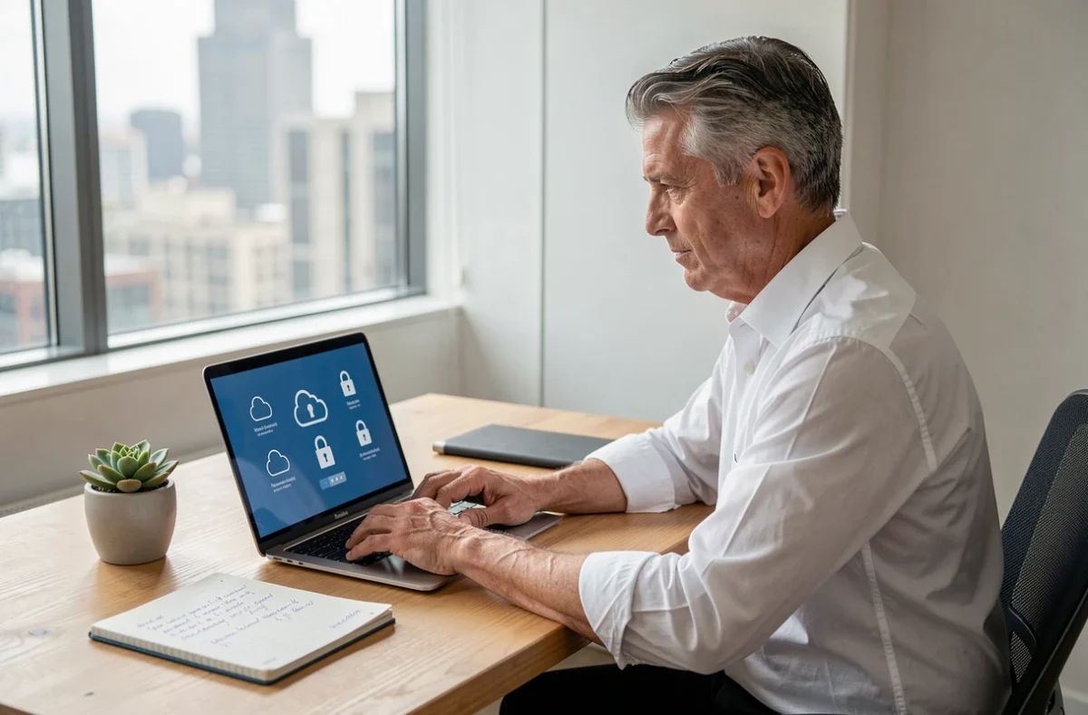 Professionnel IT gérant la sécurité des données RH sur une plateforme SaaS cloud depuis un bureau privé