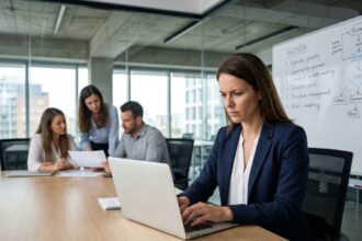Professionnelle prenant des notes lors d'une réunion d'entreprise avec un service de compte rendu