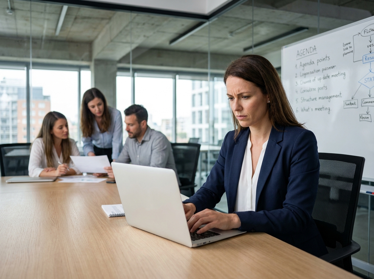 Professionnelle prenant des notes lors d'une réunion d'entreprise avec un service de compte rendu