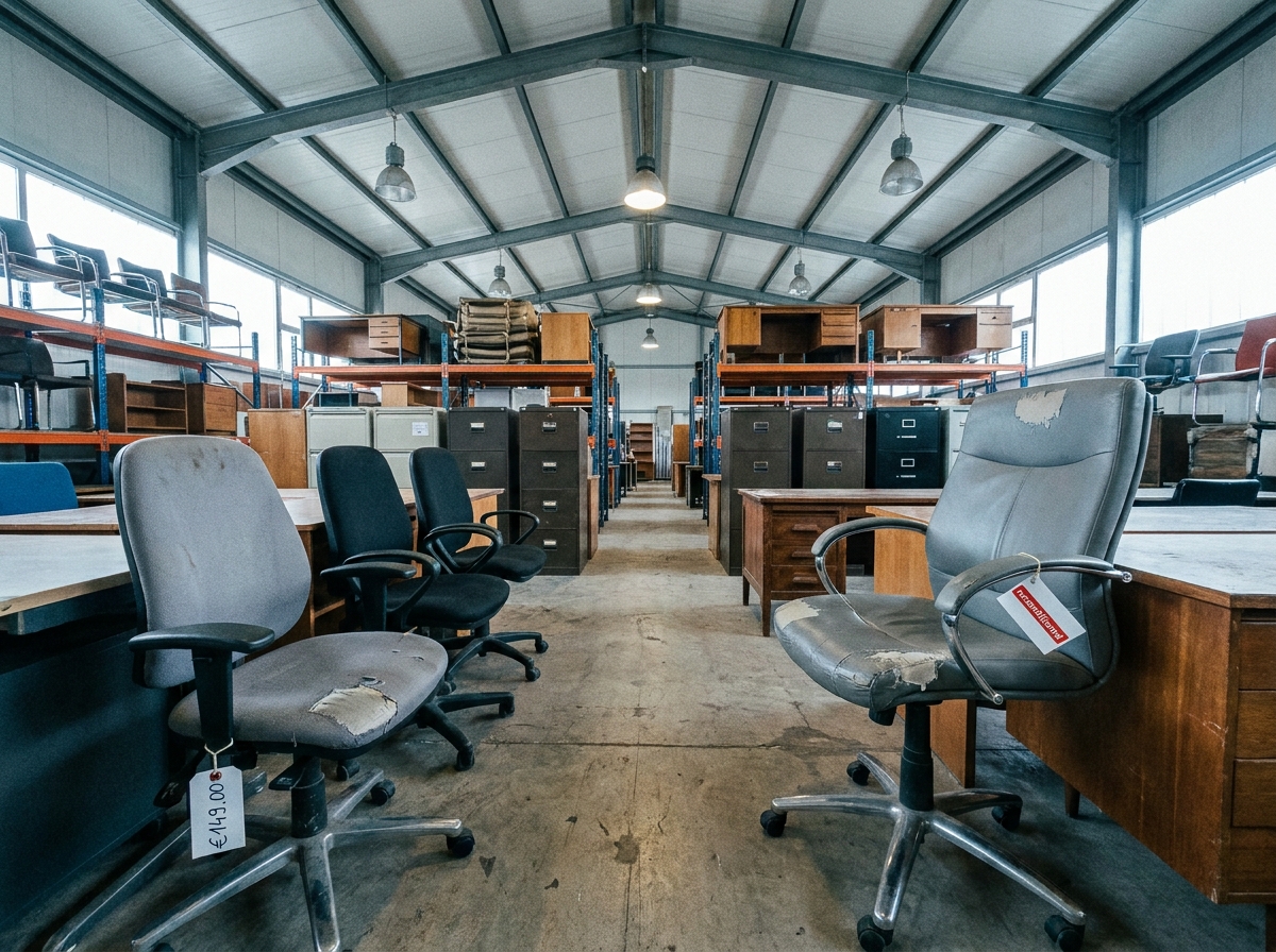 Showroom de mobilier de bureau reconditionné avec chaises ergonomiques et bureaux d'occasion étiquetés dans un entrepôt