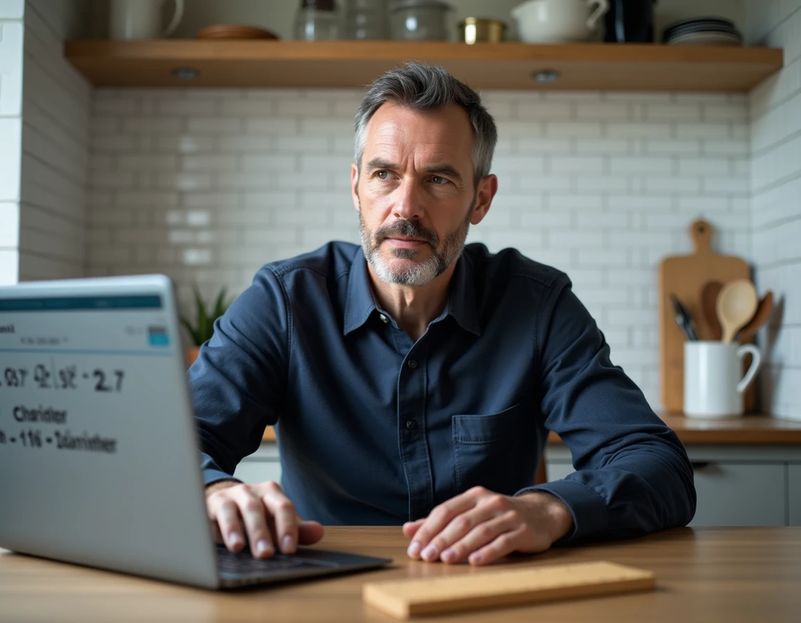 Homme consultant un site de conversion pouces en centimètres sur un ordinateur portable dans une cuisine moderne