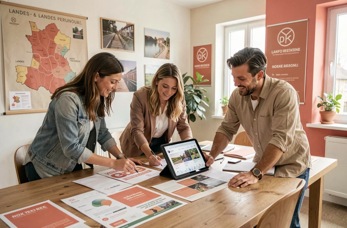 Équipe de Sowink collaborant sur une campagne de communication et web autour d'une table de travail dans leurs bureaux des Landes