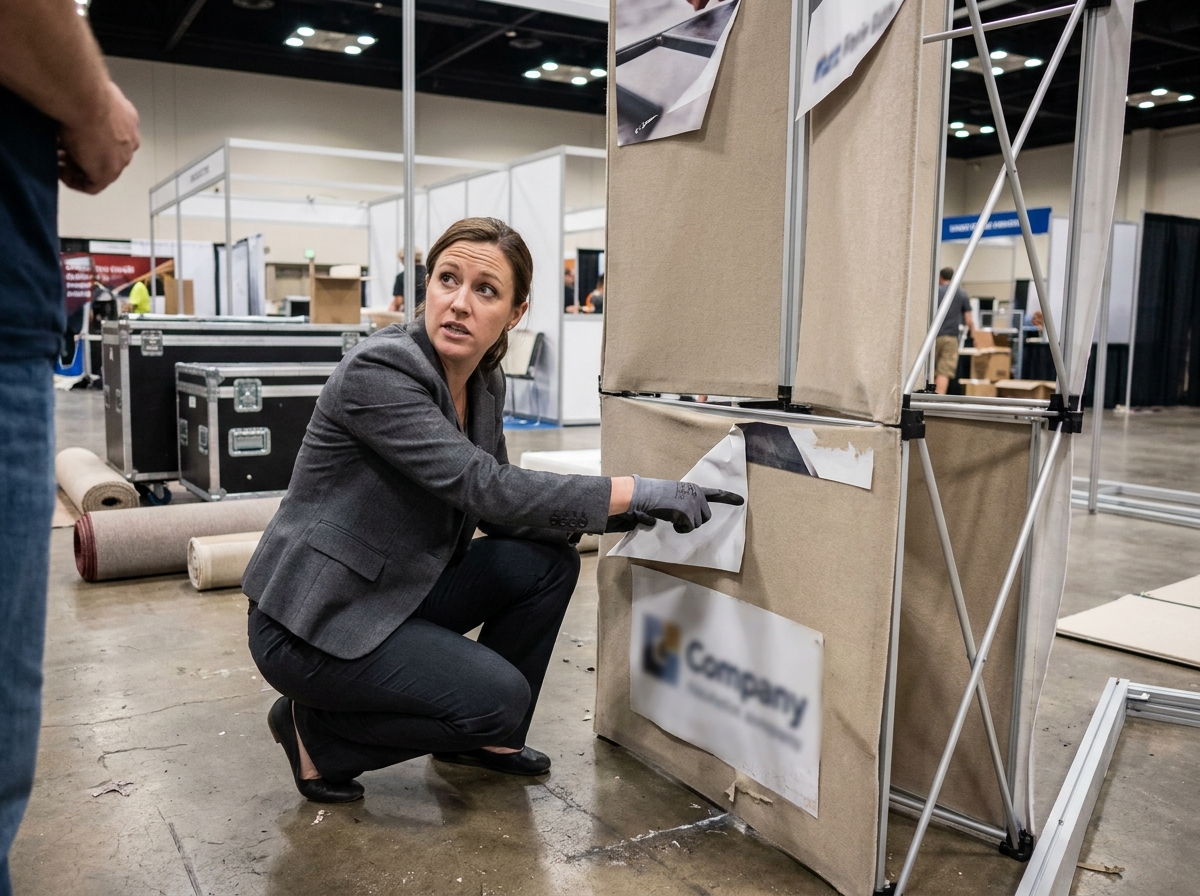 Chef de projet pointant les défauts d'un stand modulaire mal assemblé avec des panneaux désalignés et une signalétique illisible