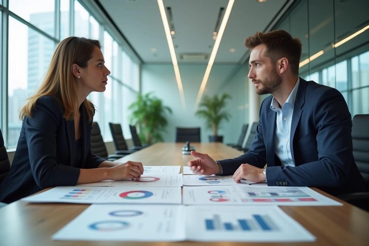 Deux professionnels du commerce analysant des rapports de stratégie concurrentielle après la fermeture des magasins GiFi, autour d'une table de réunion