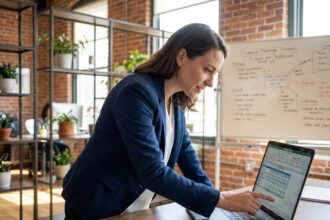 Femme entrepreneur analysant sa trésorerie quotidienne sur un ordinateur portable dans un bureau moderne de startup