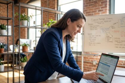 Femme entrepreneur analysant sa trésorerie quotidienne sur un ordinateur portable dans un bureau moderne de startup