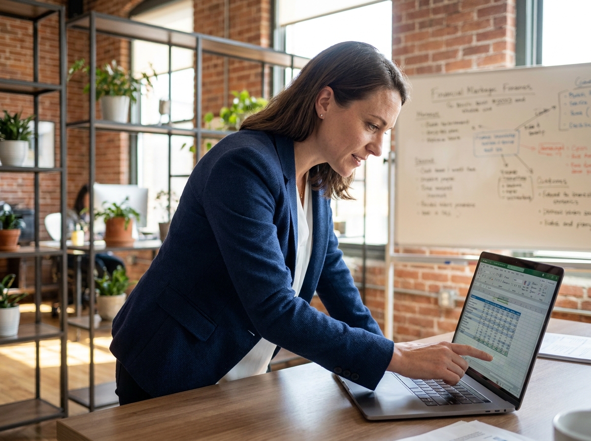 Femme entrepreneur analysant sa trésorerie quotidienne sur un ordinateur portable dans un bureau moderne de startup