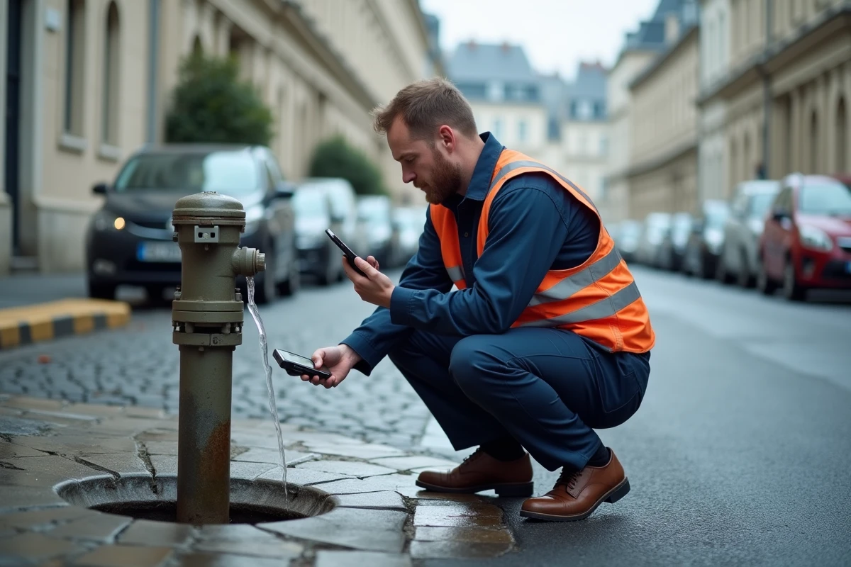 Technicien FRANCILIANE relevant un compteur d'eau dans une rue résidentielle d'Île-de-France