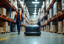 Optimisation de la logistique en entrepôt grâce aux systèmes de transport mobiles AGV Technicien d'entrepot surveillant un AGV en environnement industriel