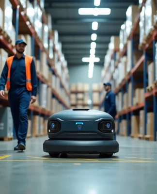 Optimisation de la logistique en entrepôt grâce aux systèmes de transport mobiles AGV Technicien d'entrepot surveillant un AGV en environnement industriel