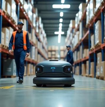 Optimisation de la logistique en entrepôt grâce aux systèmes de transport mobiles AGV Technicien d'entrepot surveillant un AGV en environnement industriel