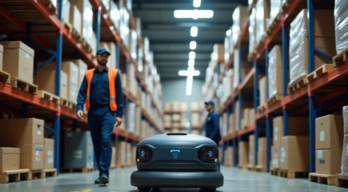 Optimisation de la logistique en entrepôt grâce aux systèmes de transport mobiles AGV Technicien d'entrepot surveillant un AGV en environnement industriel