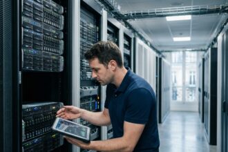Technicien informatique inspectant un serveur dans un datacenter parisien pour une PME
