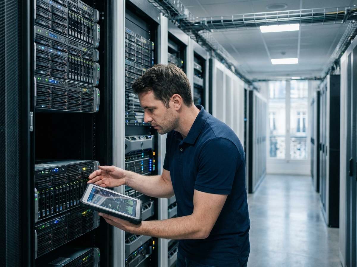 Technicien informatique inspectant un serveur dans un datacenter parisien pour une PME