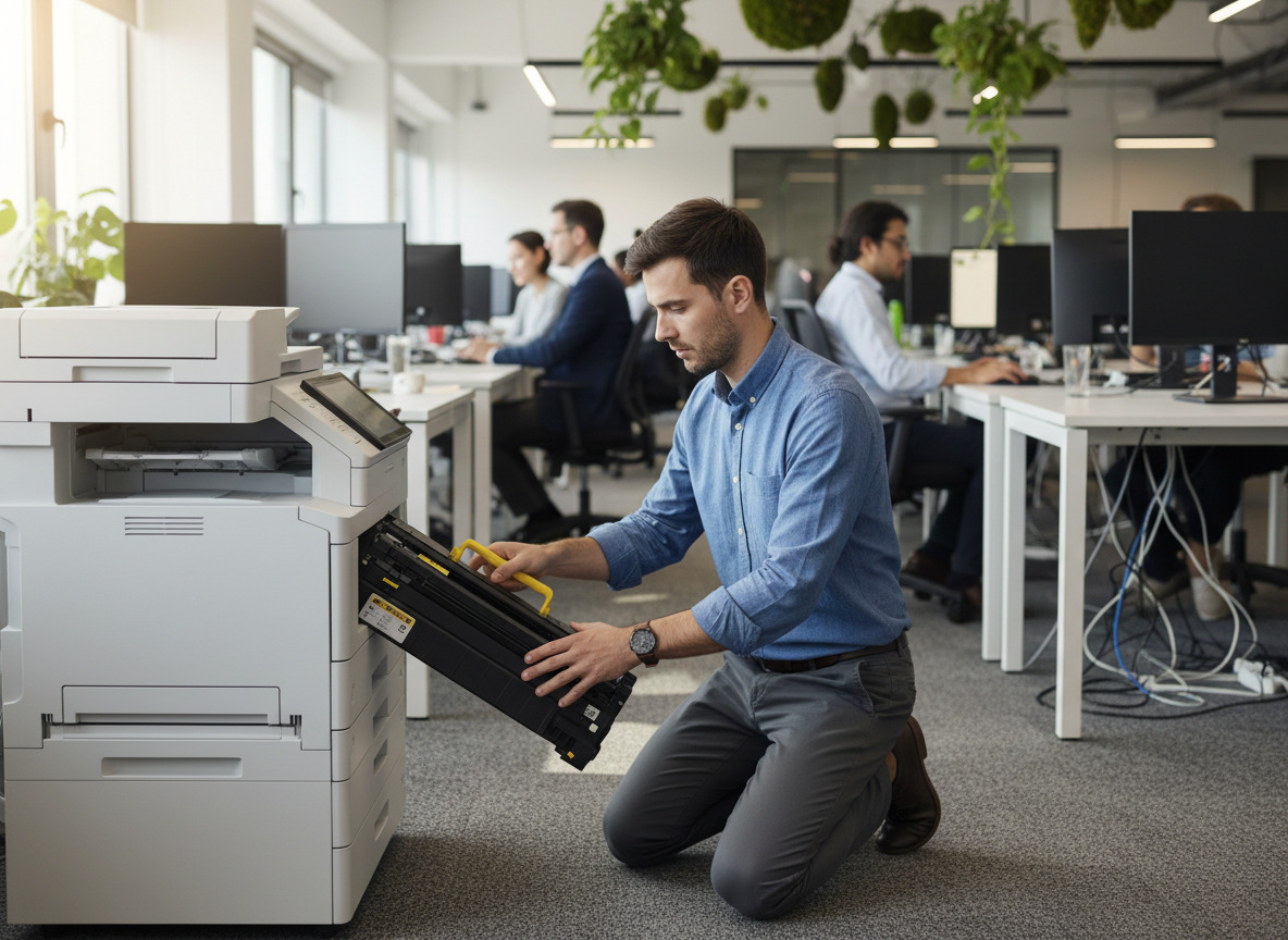 Jeune homme chargé de changer le toner d