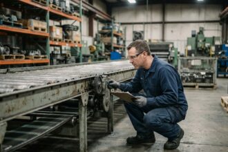 Technicien inspectant une machine de ligne de production en usine pour prévenir les pannes
