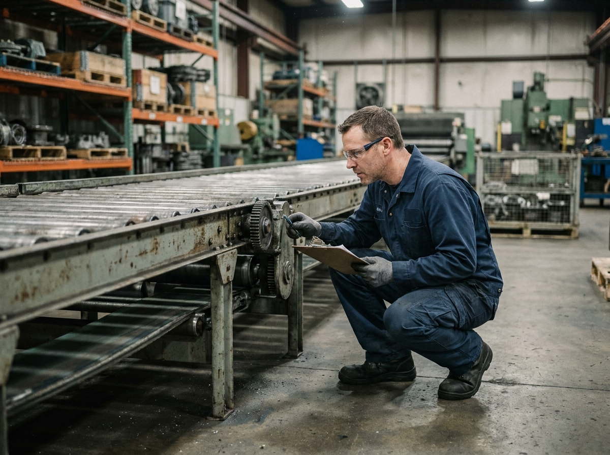 Technicien inspectant une machine de ligne de production en usine pour prévenir les pannes