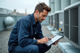 Technicien de maintenance utilisant une application mobile sur tablette pour gérer ses interventions terrain avec Twimm