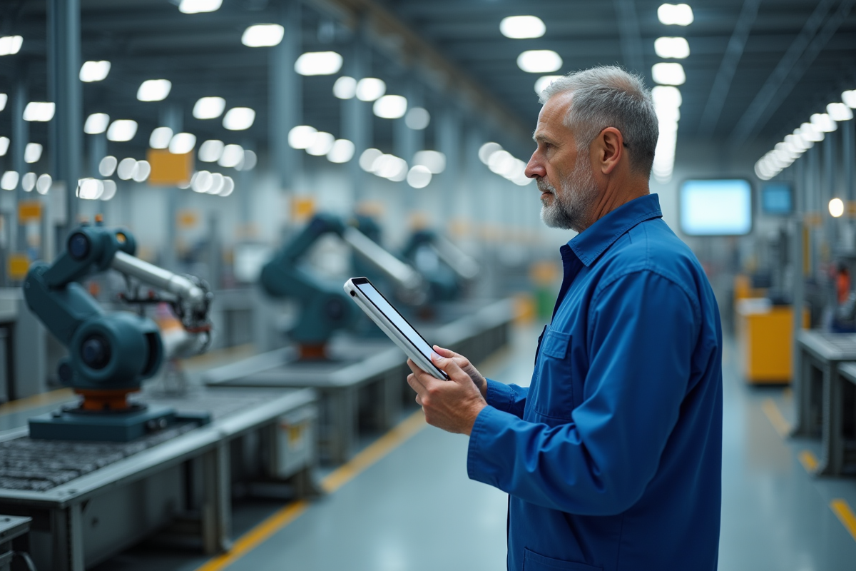 Technicien en bleu observant une ligne de production robotisee