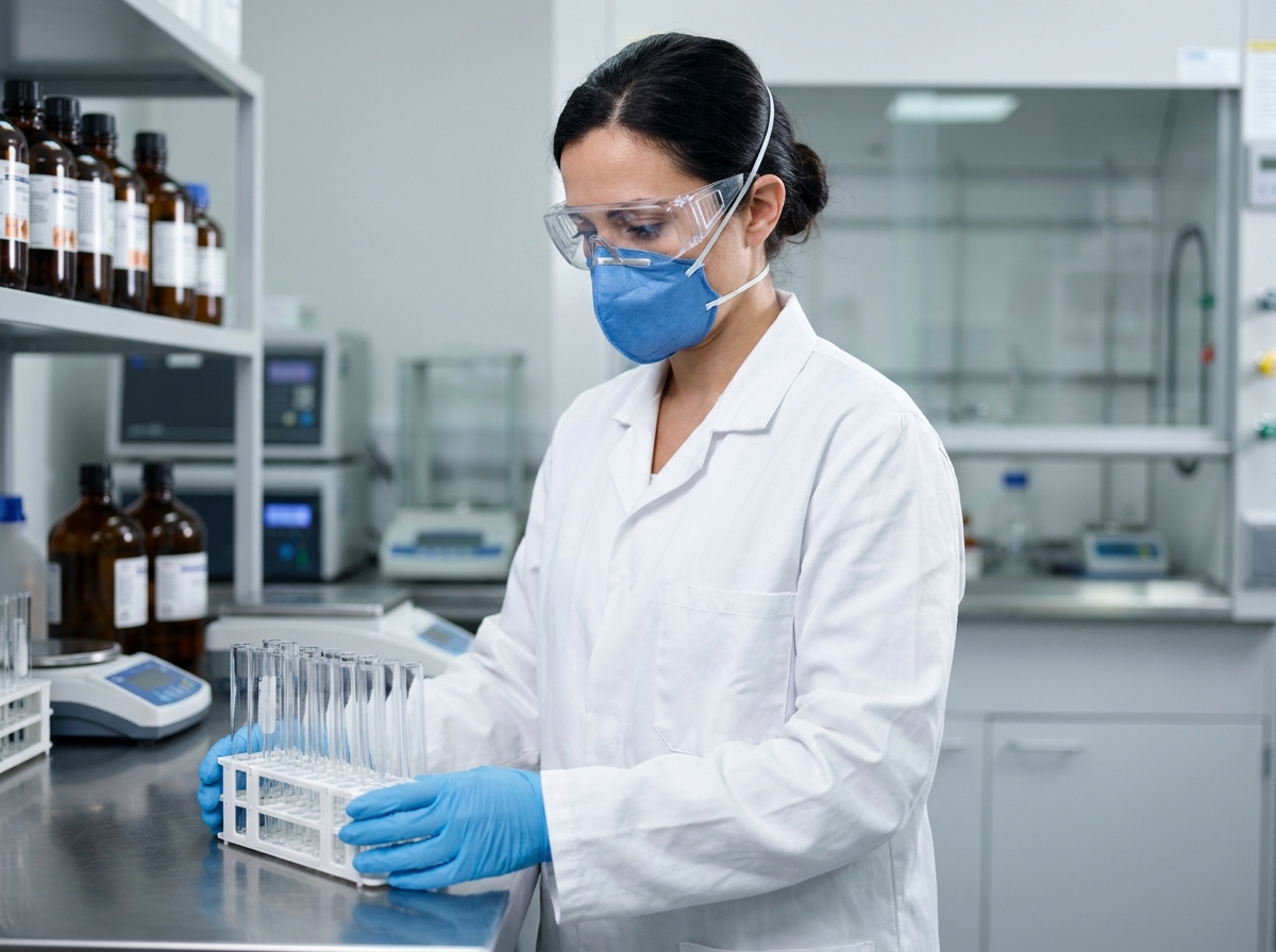 Technicienne de laboratoire en blouse blanche portant des gants nitrile, lunettes de protection et masque dans un environnement de travail scientifique