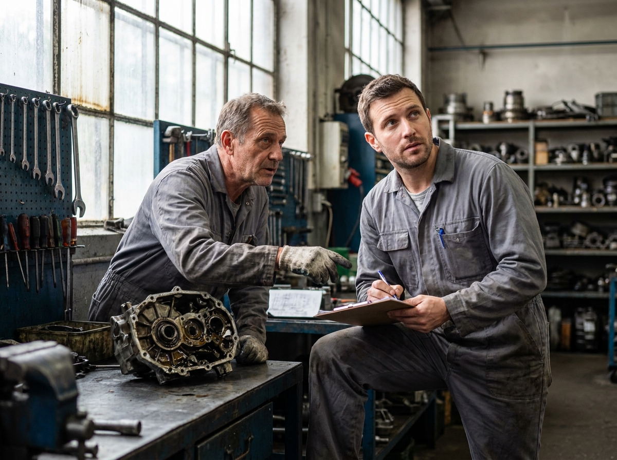 Deux techniciens de maintenance analysant une pièce mécanique démontée dans un atelier industriel