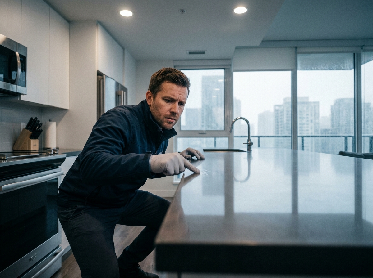 Homme testant le glissement d'une surface céramique polie dans une cuisine moderne, explorant le confort d'utilisation des matériaux lisses