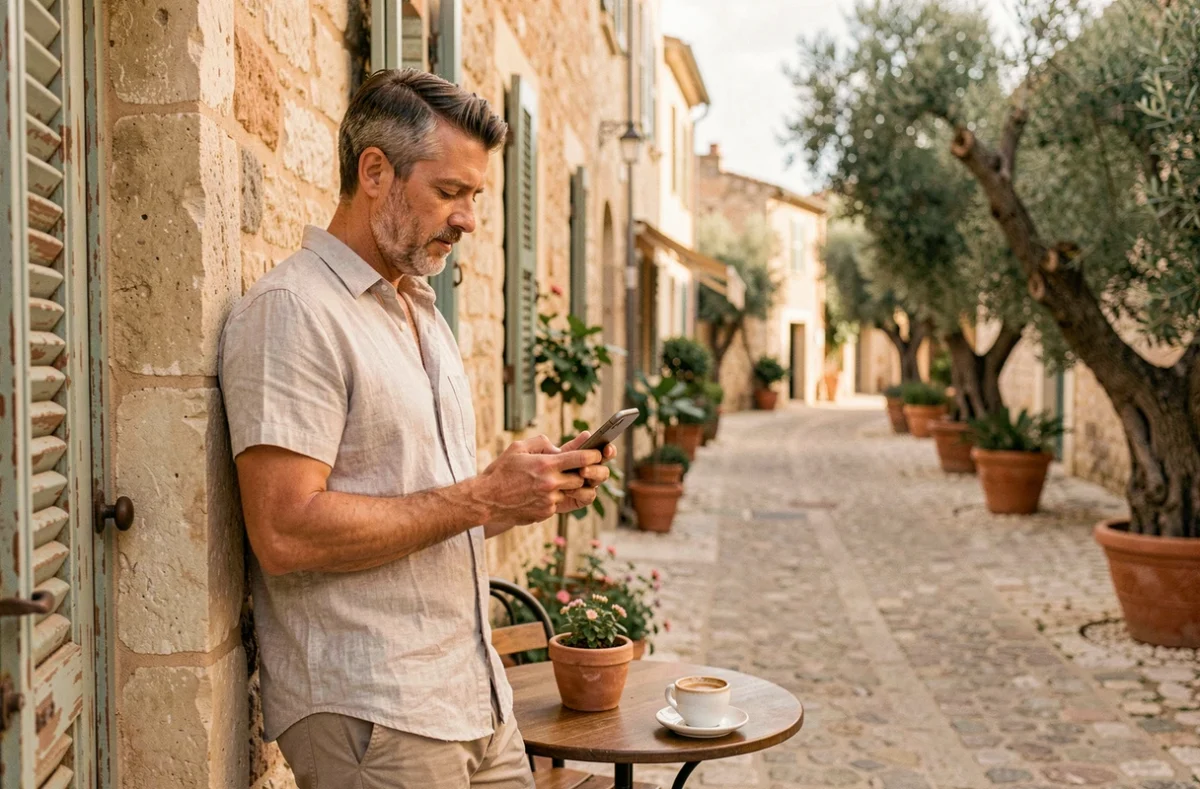 Homme en vacances estivales dans un village provençal consultant son téléphone, illustrant le repos imposé par le congé d'été obligatoire