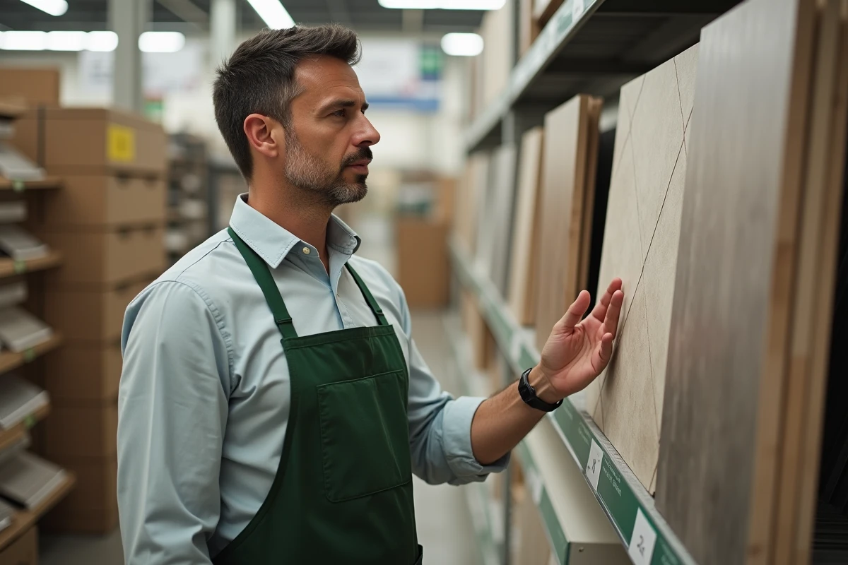 Vendeur en tablier vert de magasin de bricolage conseillant un client dans le rayon carrelage et revêtements de sol