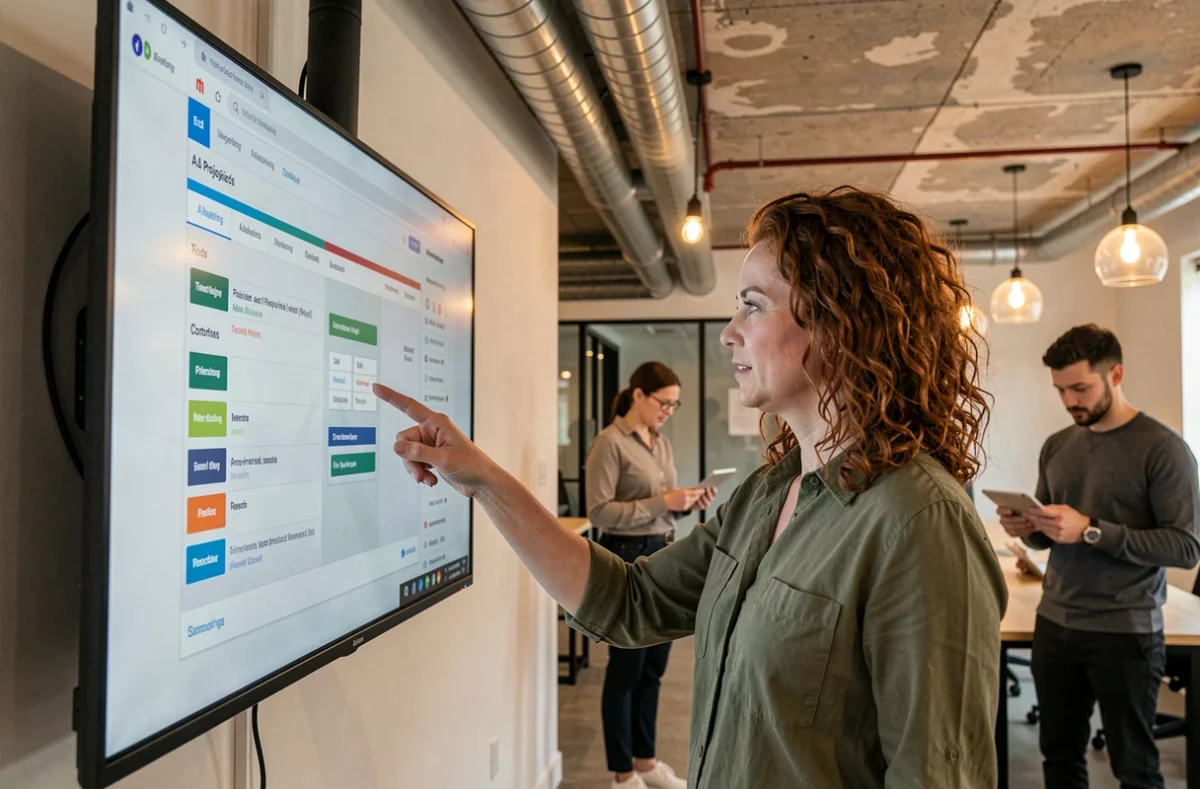 Cheffe de projet web de l'agence Webalia présentant un prototype de site internet sur un écran tactile interactif