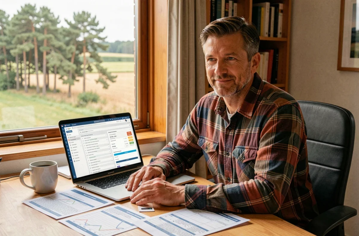 Webmaster indépendant de Webmaster Landes gérant la maintenance de sites web depuis son bureau à domicile avec vue sur la campagne landaise